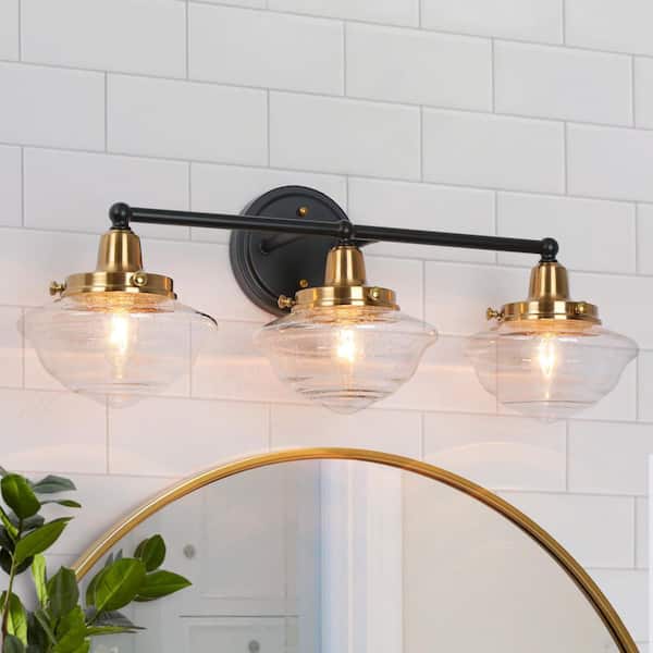 Zevni 22.8 in. 3-Light Black Bathroom Vanity Light for Mirrors, Seeded Glass Bath Lighting, Industrial Brass Wall Sconce