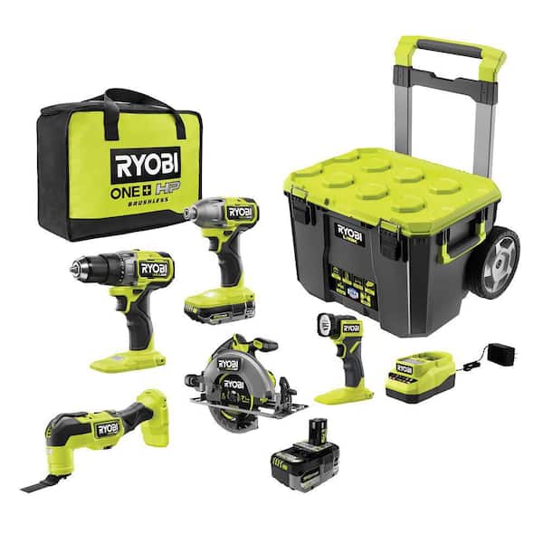 RYOBI ONE+ HP 18V Brushless Cordless 5-Tool Combo Kit with Batteries, Charger, Bag, and LINK Rolling Tool Box