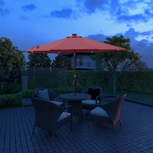 9 ft. Outdoor Beach Umbrella LED Solar Patio Umbrella with Tilt and Crank Without Base in Red
