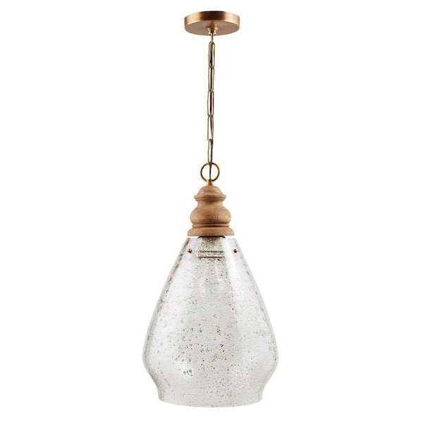 Capital Lighting Fixture Company Jaye 60W 1-Light Patinaed Brass Pendant Light with Stone Seeded Glass Pendant with Light Wood Finial, No Bulbs Included