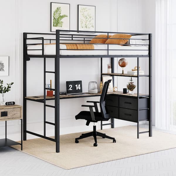 Black Twin Metal Loft Bed Frame with Guardrail, 2 Charging Stations, L-Shaped Desk, Storage Shelve, Drawers, LED Lights