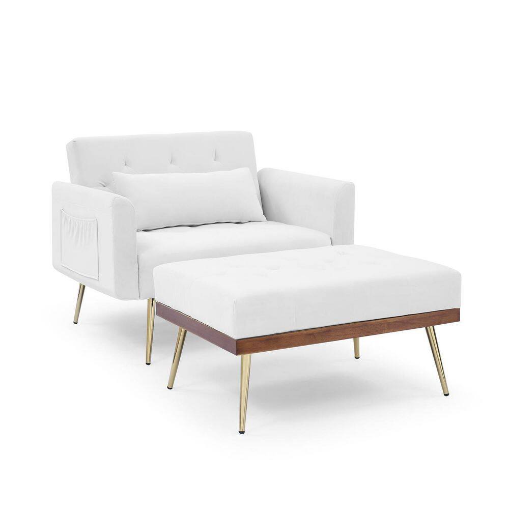 White Nordic Velvet Sofa Recline Chair with Ottoman and Two Arm Pocket