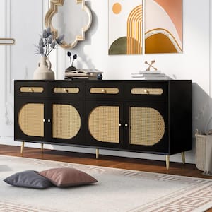 Black Wood 64.5 in. W Sideboard with Rattan Doors, 4 Drawers and Adjustable Shelves