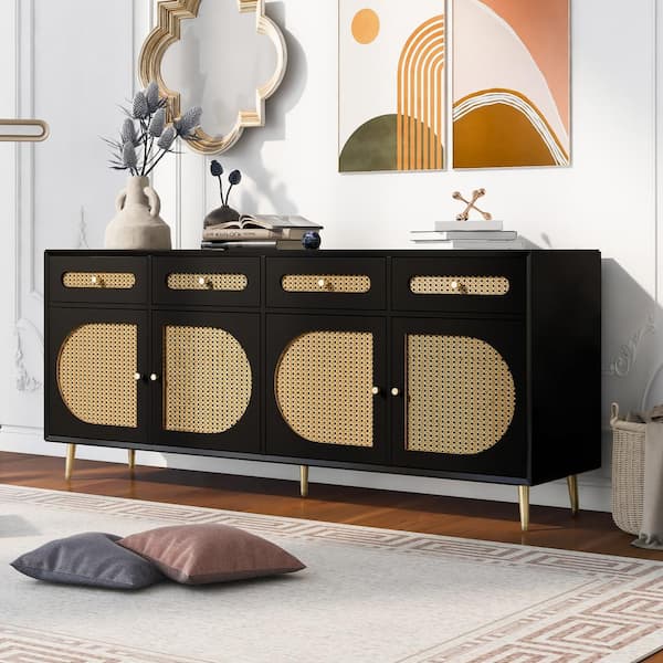 Harper & Bright Designs Black Wood 64.5 in. W Sideboard with Rattan Doors, 4 Drawers and Adjustable Shelves