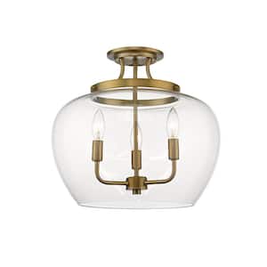 15.75 in. 3-Light Olde Brass Semi-Flush Mount with Clear Glass