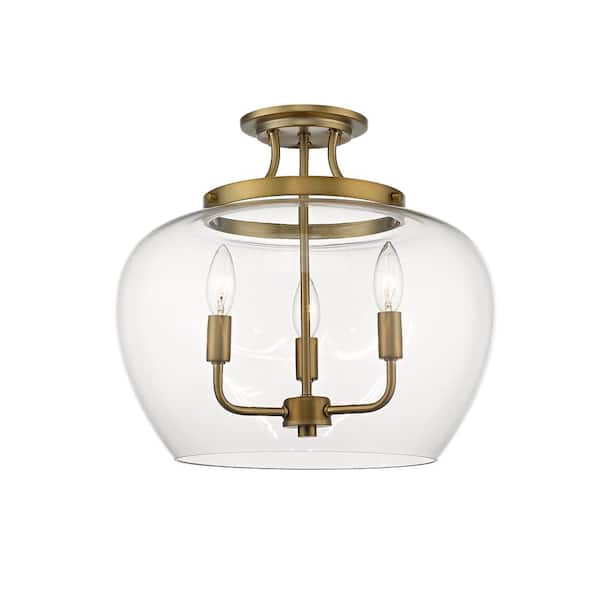 Unbranded 15.75 in. 3-Light Olde Brass Semi-Flush Mount with Clear Glass