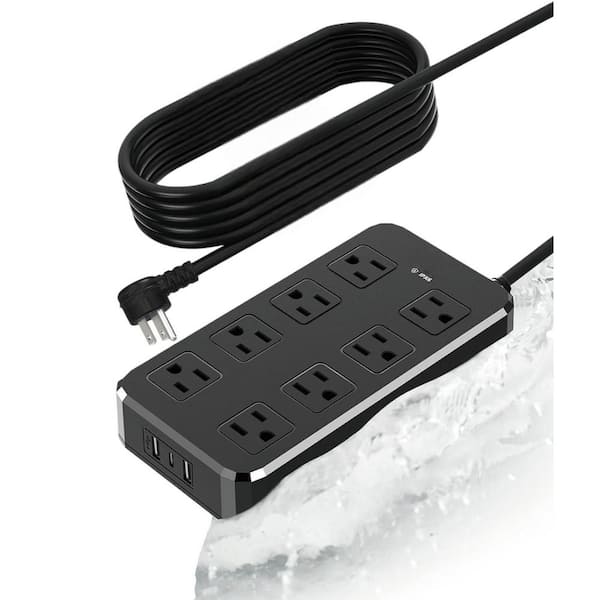 Unbranded 10 ft. 8-Outlets Waterproof Surge Protector Power Strip with Overload Protection, 2 USB-A and 1 USB-C Ports in Black