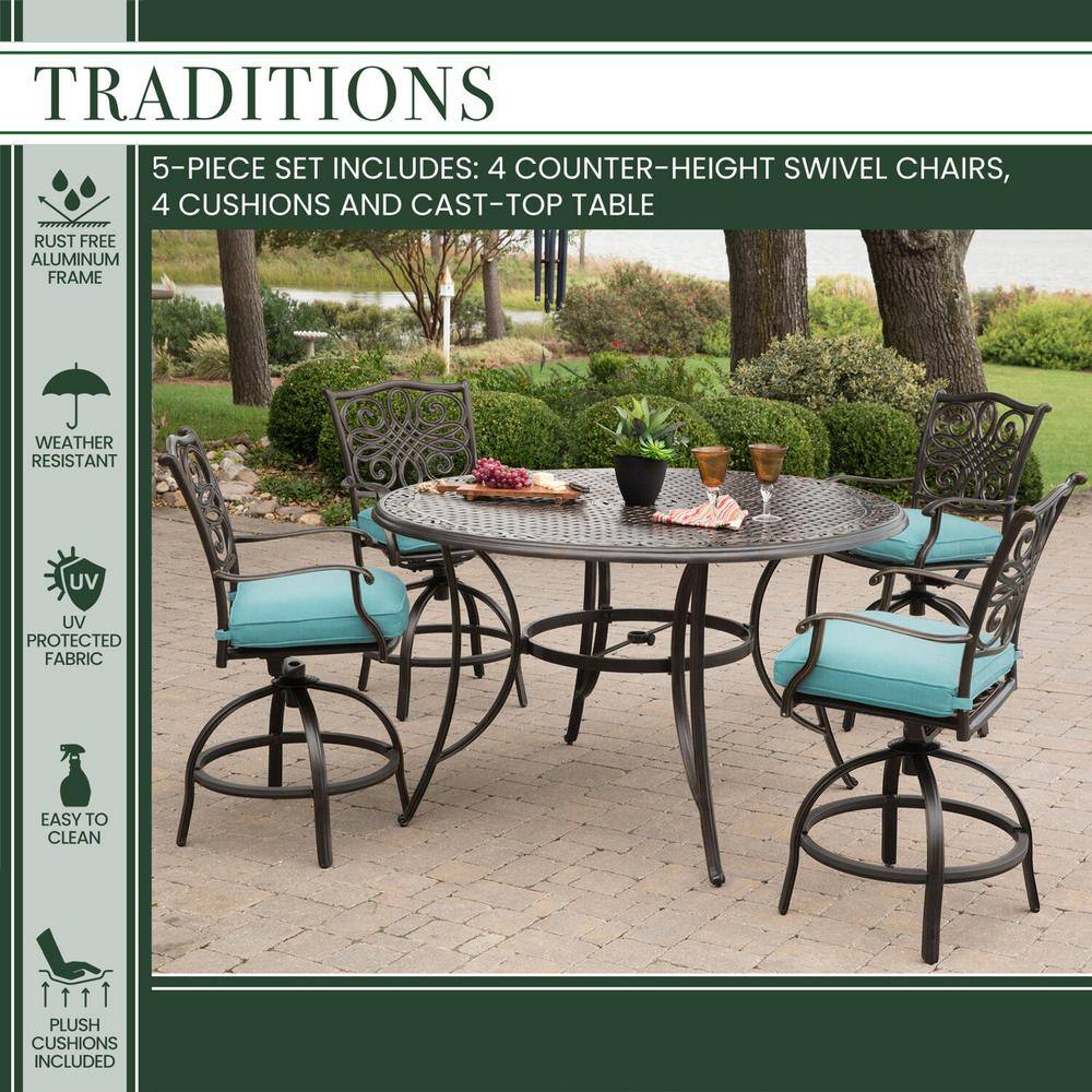 Hanover Blue 5-Piece High-Dining Set with Swivel Chairs and Cast-Top Table