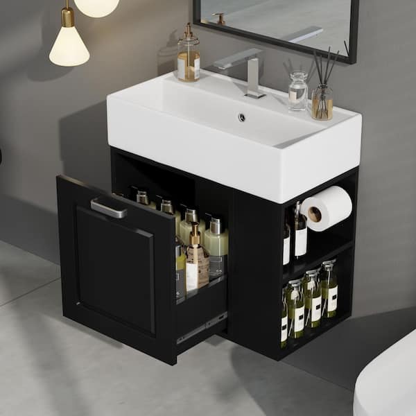21.8 in. Single Sink Floating Black Bath Vanity with White Ceramic Top, 1-Drawers, Adjustable Open Shelf