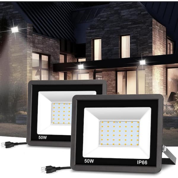 50W Commercial Plug-in 2300 Lumen Integrated LED Flood Light with 9.8FT Cord, Dusk to Dawn,IP66 Waterproof for Warehouse