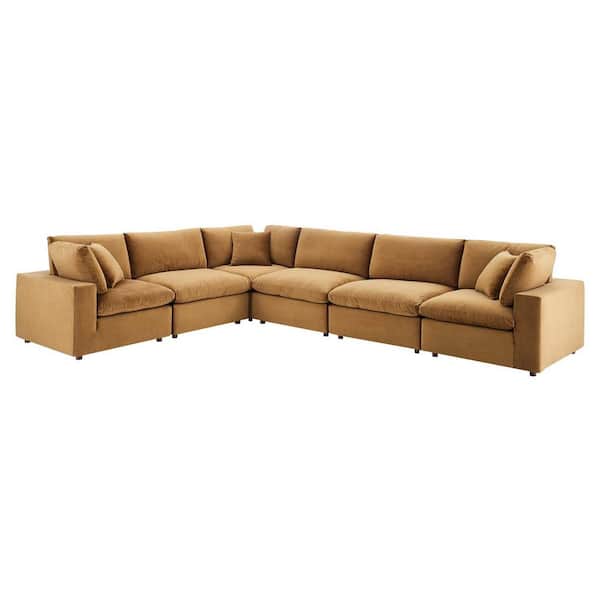 MODWAY Commix 119 in. 6-Piece Cognac Down Filled Overstuffed Performance Velvet Sectional Sofa