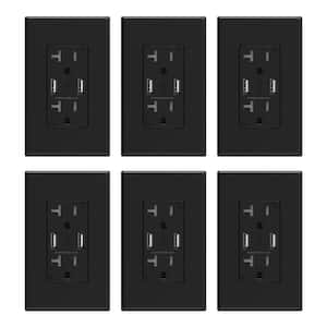 4 Amp USB Dual Type A In-Wall Charger with 20 Amp Duplex Tamper Resistant Outlet, Wall Plate Included, Black (6-Pack)