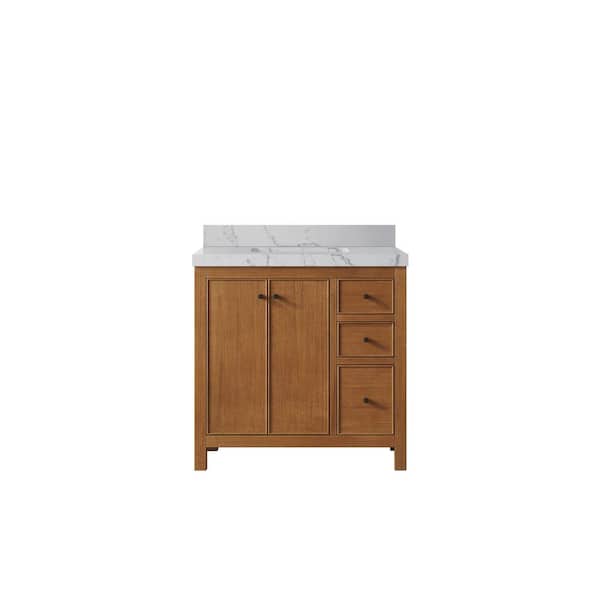 Willow Collections Chicago Veneer 36 in. W x 22 in. D x 36 in. H Center Sink Bath Vanity in Dark Natural with 2 in. Venatino Qt. Top