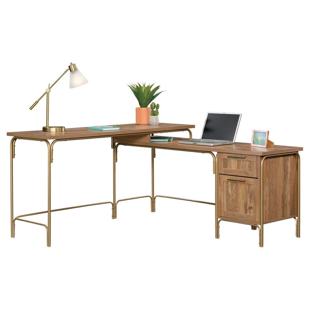 Sindoori Mango L-Shaped Wood Desk with Gold Frame