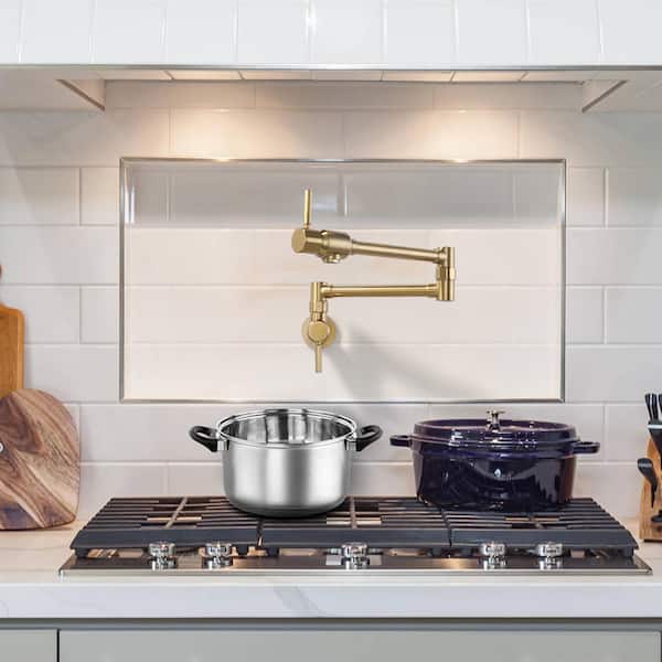 Brass Wall Mounted Pot Filler with Double Handle Folding Kitchen Sink Faucet in Gold