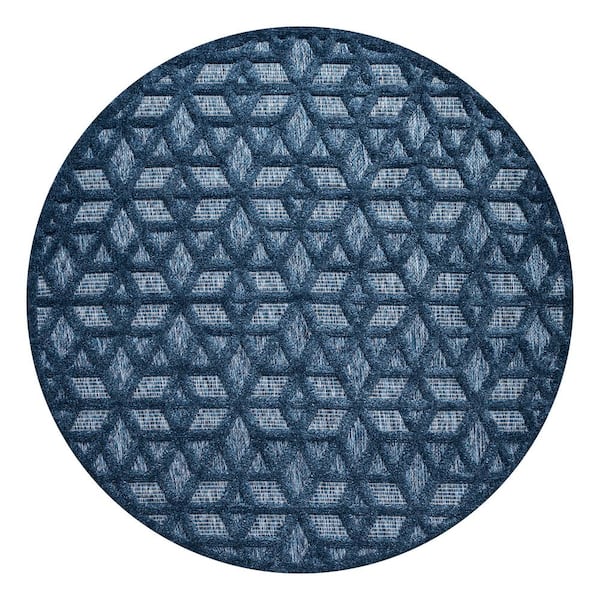 Talaia Neutral Geometric Navy 5 ft. Round Indoor/Outdoor Area Rug
