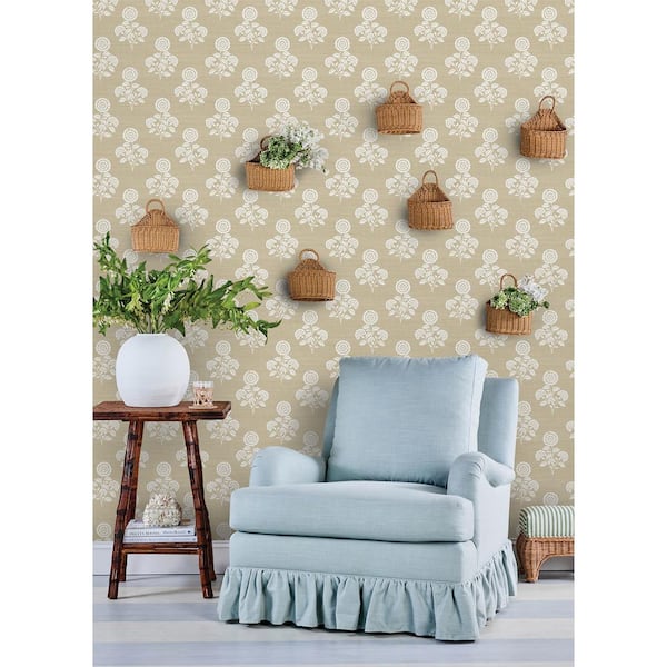 Flourish Block Print Brown Wheat Faux Grasscloth Peel and Stick Wallpaper Sample