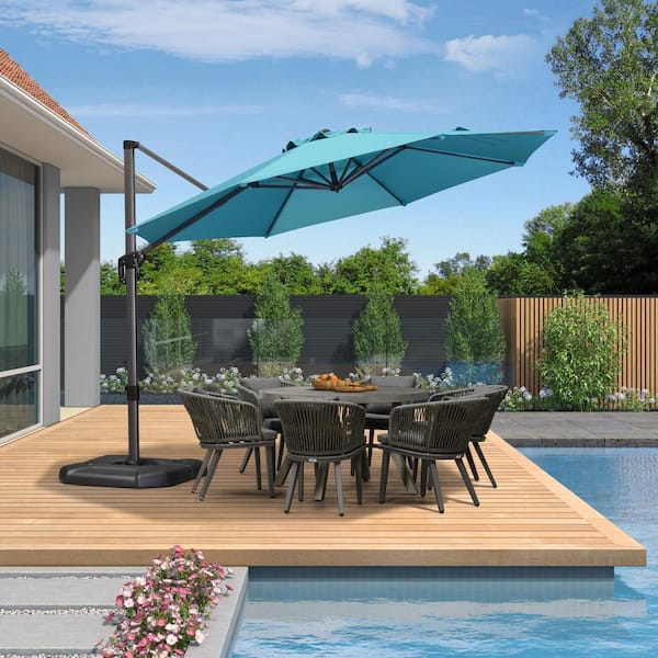 PURPLE LEAF 11 ft. Octagon Aluminum Outdoor Patio Cantilever Umbrella Offset 360° Rotation Umbrella with Base, Turquoise Blue