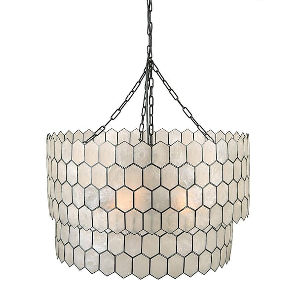 2-Light Black Pendant Bohemian Light with Capiz Honeycomb Shade