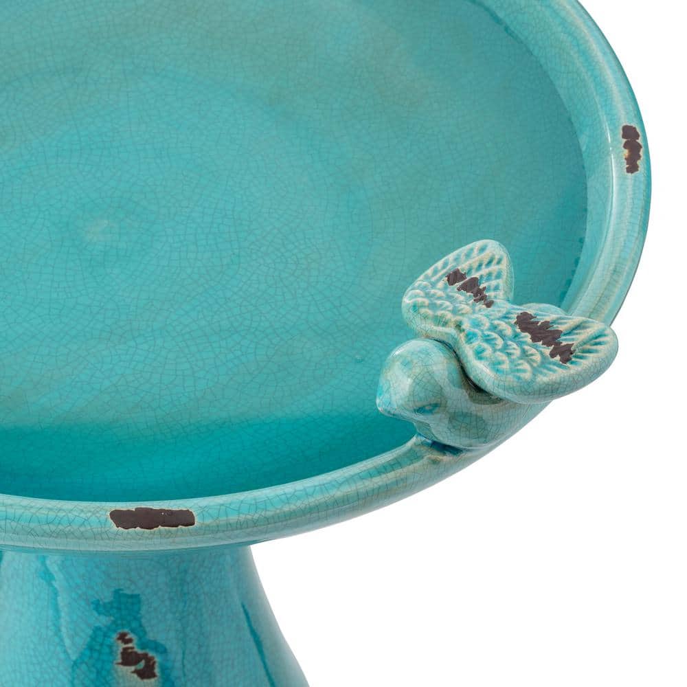 Turquoise Ceramic Pedestal Bird Bath with Bird Figurines