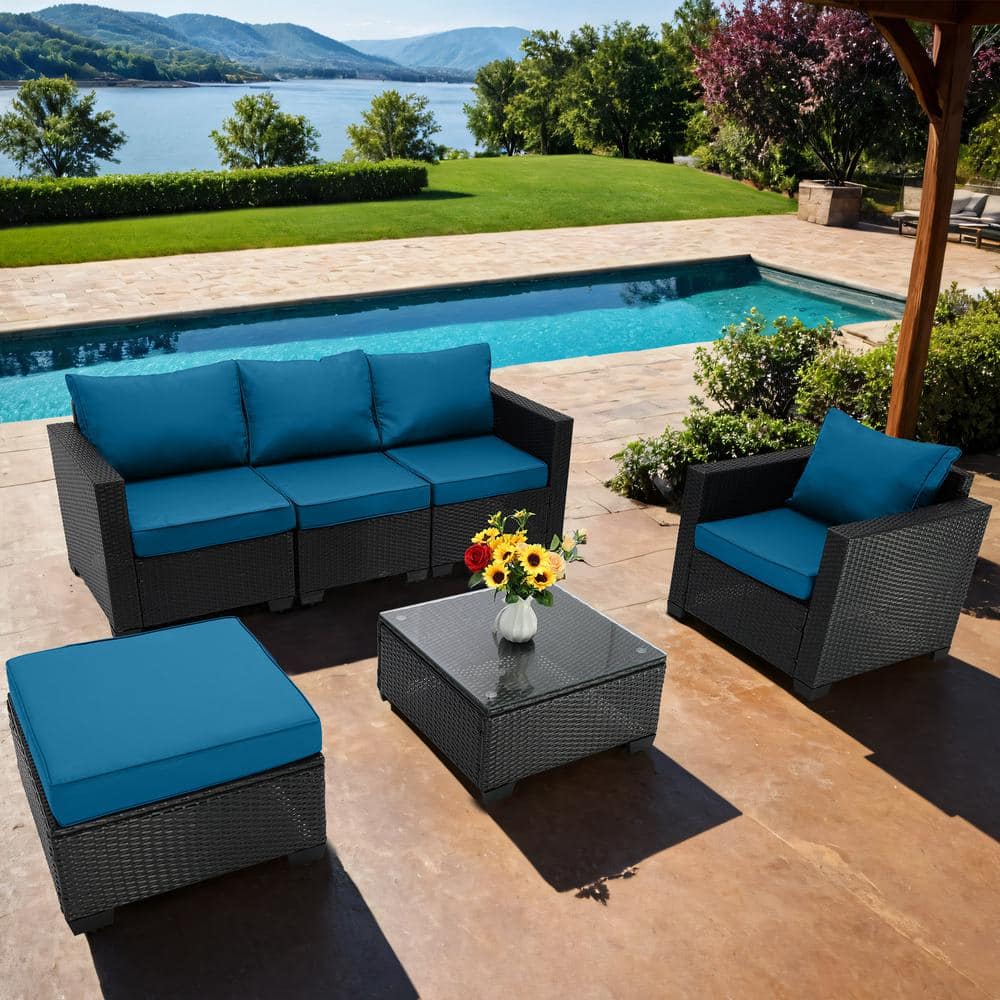 Brown 6-Pieces Wicker Outdoor Fabric Sofa Sectional Set with Peacock Blue C