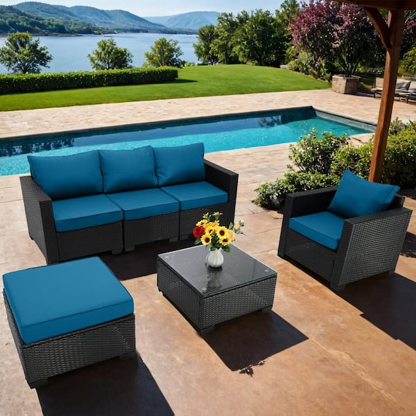 Unbranded Brown 6-Pieces Wicker Outdoor Fabric Sofa Sectional Set with Peacock Blue Cushions