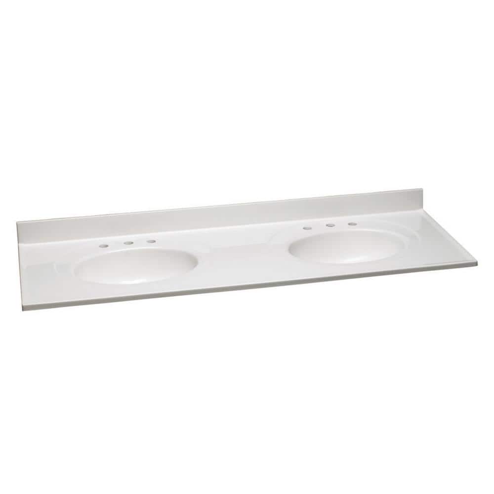 Solid White 61-Inch Double Bowl Composite Vanity Top with Backsplash