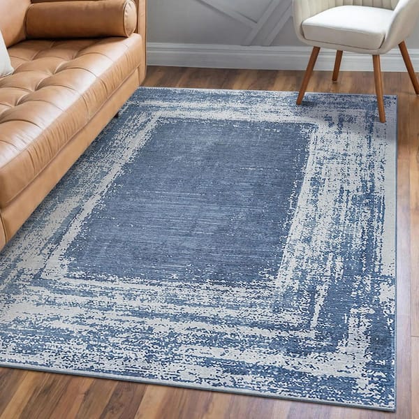 Amaya Bordered Abstract Navy/Grey Washable Rug 5 ft. x 7 ft. Area Rug