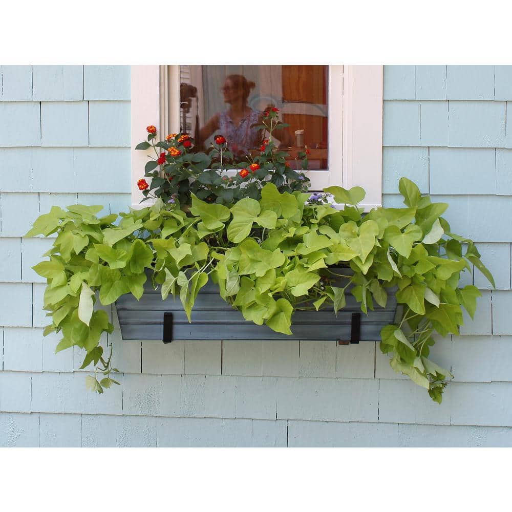 Large Blue Galvanized Steel Flower Box with Wall Brackets