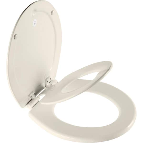 BEMIS NextStep2 Children's Potty Training Round Enameled Wood Closed Front Toilet Seat in Biscuit with Plastic Child Seat