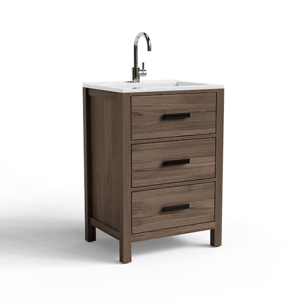 24 in. Dark Brown Wood Single Sink Freestanding Bath Vanity with White Resin Top