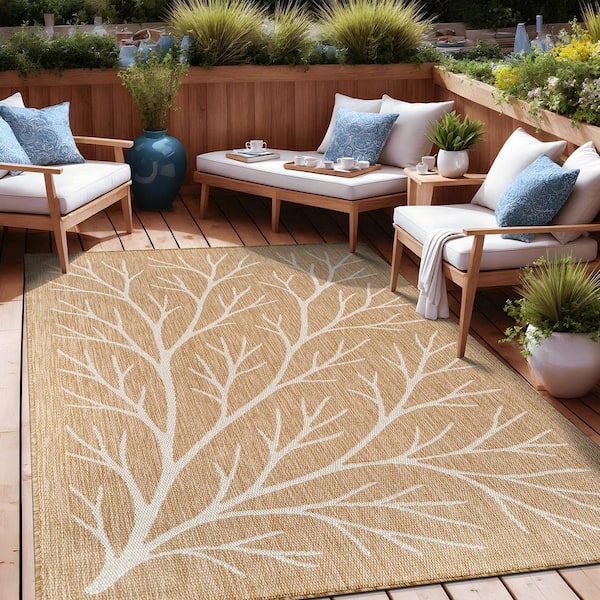 Flora Natural 5 ft. x 7 ft. Coral Branch Washable Indoor Outdoor Area Rug