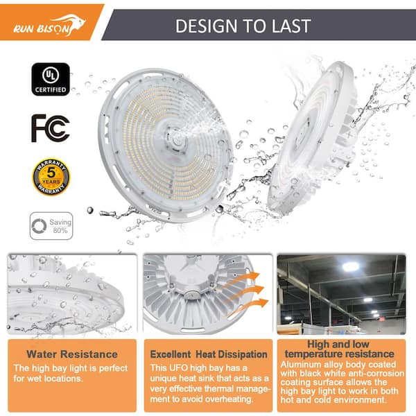 RUN BISON 13 in. 240W White Integrated LED UFO High Bay Light Garage Light, Up To 34800LM, 3000/4000/5000K, 0-Volt to 10-Volt