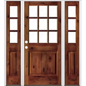 64 in. x 80 in. Rustic Knotty Alder Clear 9-Lite Red Chestnut Stain Wood Right Hand Single Prehung Front Door/Sidelites