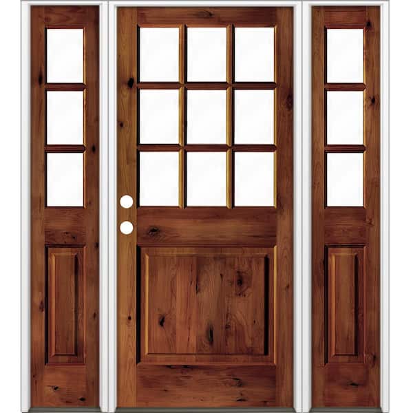 Krosswood Doors 64 in. x 80 in. Rustic Knotty Alder Clear 9-Lite Red Chestnut Stain Wood Right Hand Single Prehung Front Door/Sidelites