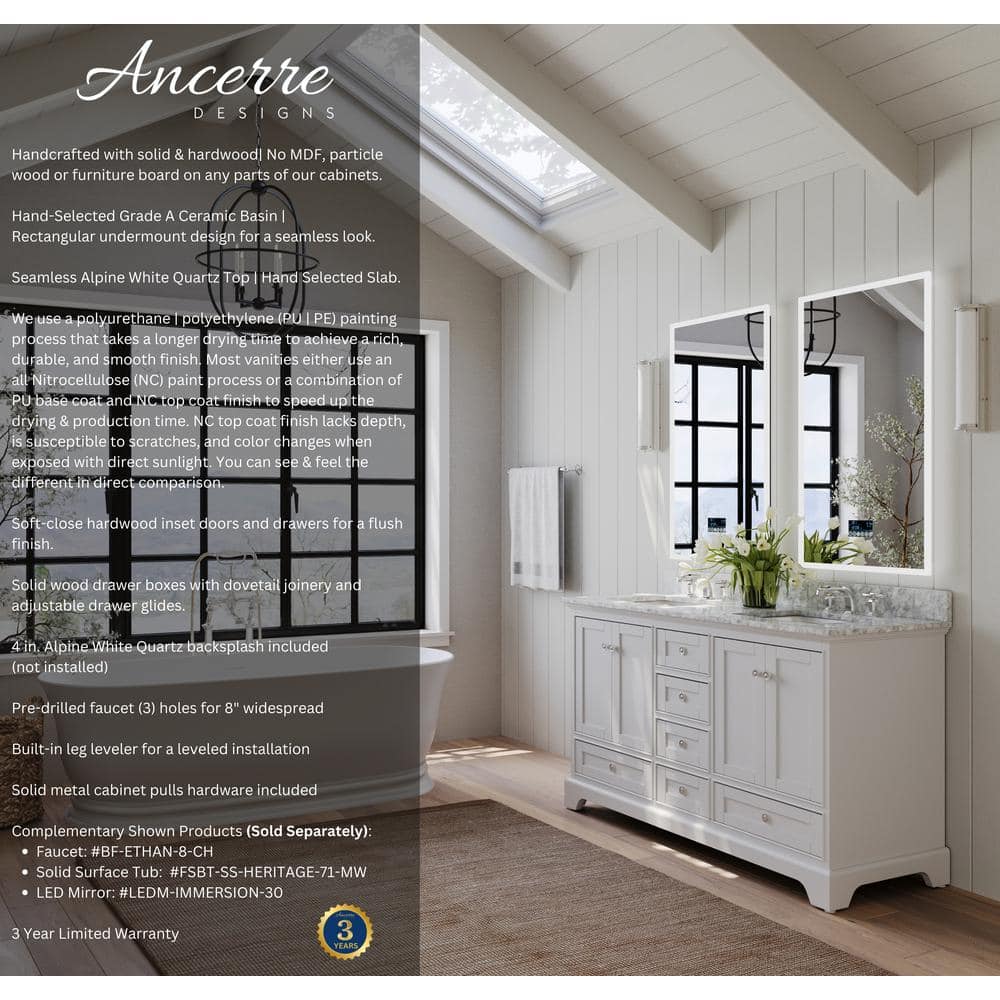 Audrey 60" White Wood Bathroom Vanity Set with Marble Top