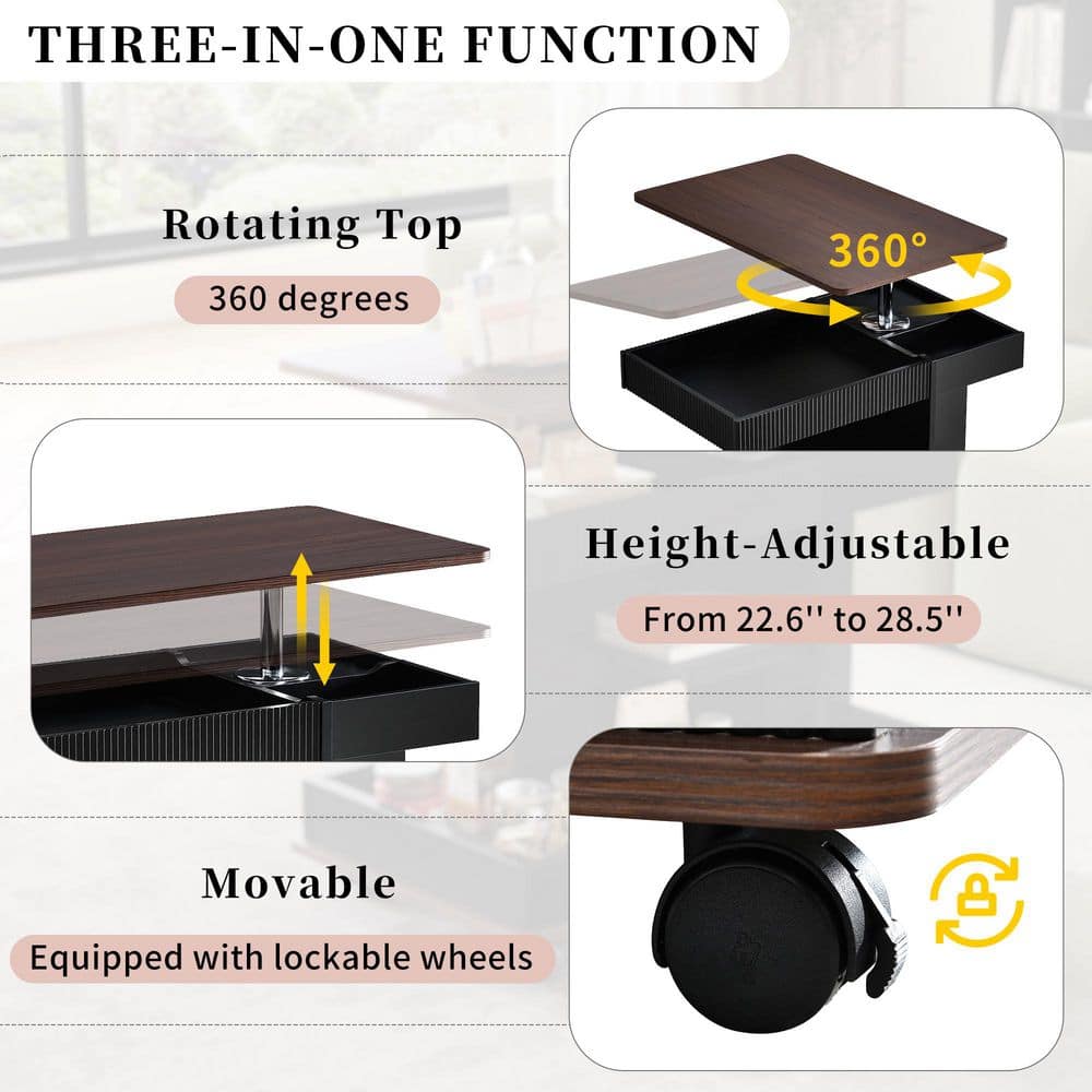 White and Brown 17.7 in. Rectangle Wood Modern End Table with Wheels, 360°Rotating Top Sofa Side Table - thumbnail 7