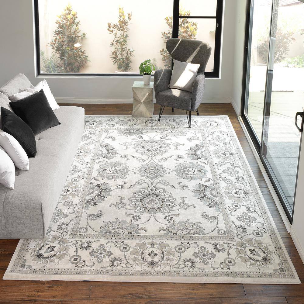Ivory and Gray Traditional Oriental Floral Border Area Rug
