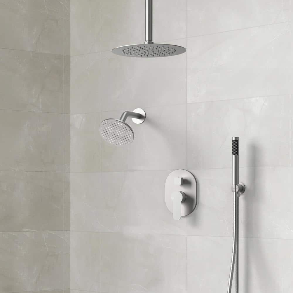 Brushed Nickel Dual Shower Head System with Handheld Spray