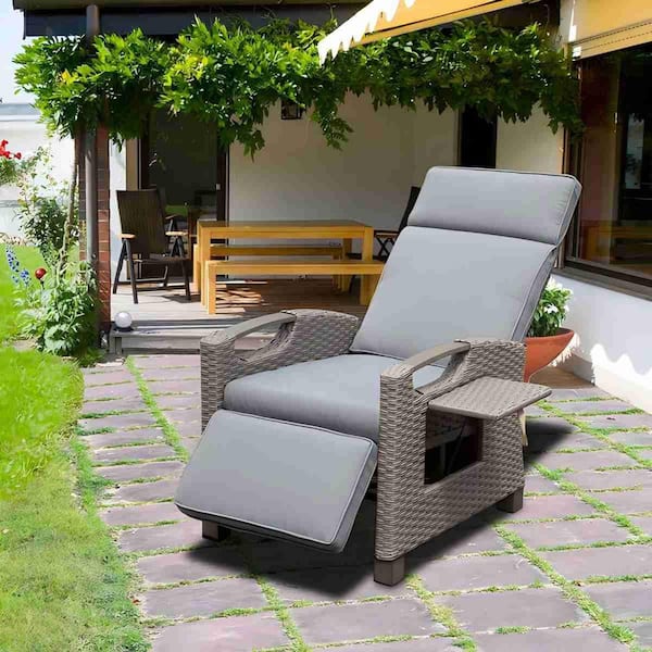 Brown Adjustable Wicker Frame Outdoor Patio Recliner with Extendable Side Table, Retractable Footrest Gray Cushion