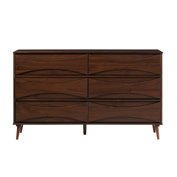 Walker Edison Furniture Company Mid-Century Modern Walnut 6-Drawer 58.5 in.  Dresser with Curved Detailing HD10002 - The Home Depot