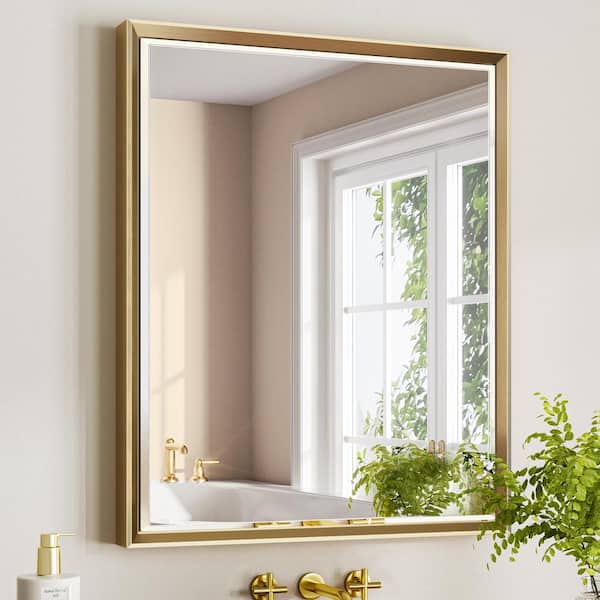 30 in. W x 36 in. H Aluminum Beveled Edge Rectangular Framed Bathroom Vanity Wall Mount Mirror in Gold