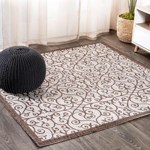 Madrid Taupe/Espresso 5 ft. Vintage Filigree Textured Weave Indoor/Outdoor Square Area Rug