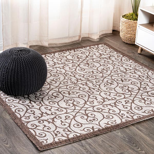 Madrid Vintage Filigree Textured Weave Taupe/Espresso 5 ft. Square Indoor/Outdoor Area Rug
