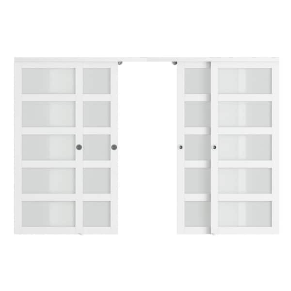 96 in. x 78.58 in. 5-Lite Frosted Glass Solid Core White Finished MDF Closet Sliding Door with Hardware Kit