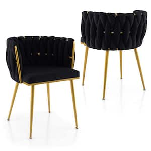 Black Velvet Upholstered Dining Chair Set of 2 with Curved Backrest Electroplated Metal Tubes White