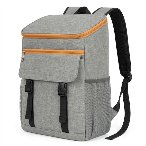 Grey Lightweight Cooler Picnic Backpack, 30-Can Leakproof Insulated Bag for Work Hiking Picnic Outdoor