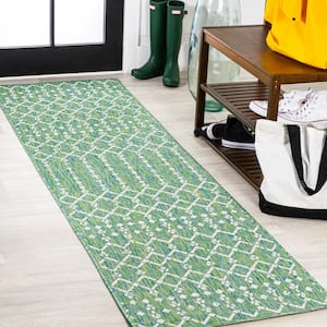 Ourika Moroccan Ivory/Green 2 ft. x 10 ft. Geometric Textured Weave Indoor/Outdoor Area Rug