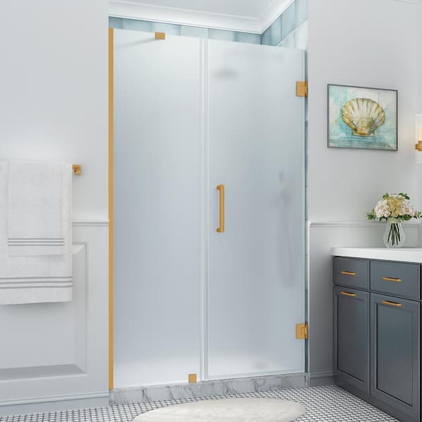 Aston Belmore XL 51.25 - 52.25 in. x 80 in. Frameless Hinged Shower Door with Ultra-Bright Frosted Glass in Brushed Gold