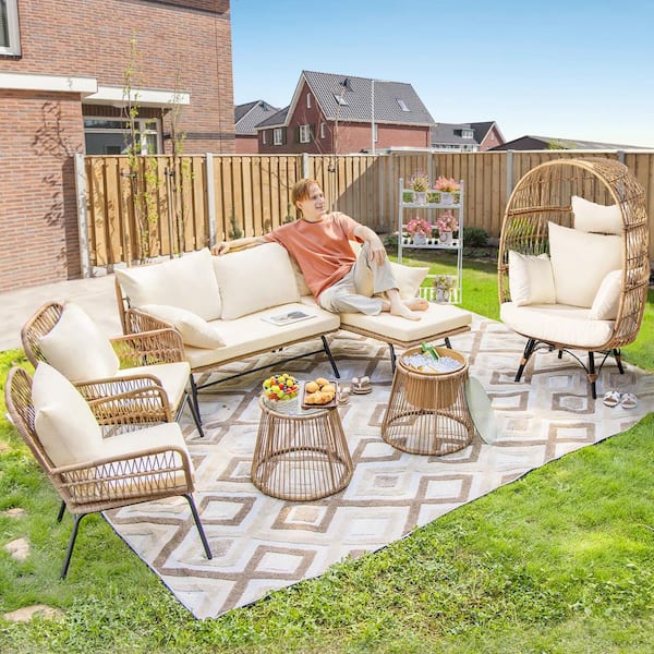 FINCATI 7 Piece Boho Natural Wicker Patio Outdoor Sofa Set with Ice Bucket and Egg Chair with Beige Cushions